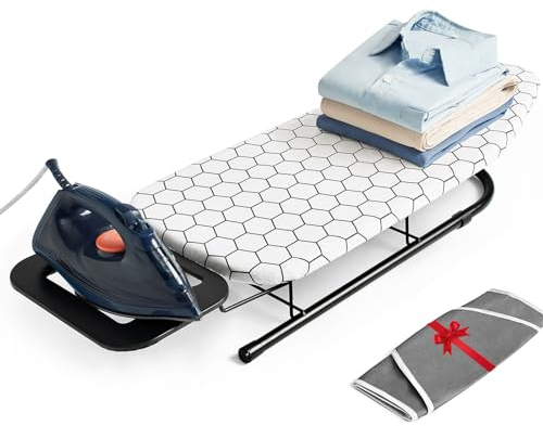 Tabletop Ironing Board with Extra Cover 76 x 30cm Lightweight Easily Foldable Compact Collapsible Small Table Folding Metal Iron Ironing Table for Travel, Small Table Top Spaces with Non-Slip Feet
