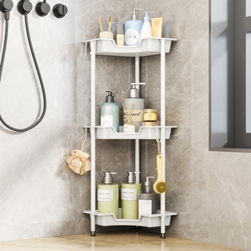 SWTYMIKI Corner Shower Caddy Standing - 3 Tier Floor Standing Shower Organizer with 4 Hooks, Plastic Metal Splicing Rustproof Corner Stand Bathroom Shelf Storage Rack for Bathroom, Bathtub, White