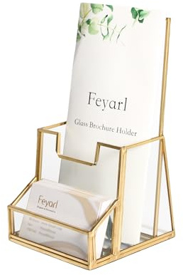 Feyarl Gold Glass Brochure Holder Pamphlets Cards Literature Holder Flyer for 4 Trifold Holder Glass Display Stand with Business Card Holder for Brochures Magazines Literatures Display Countertop