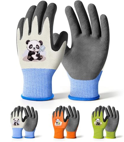 Mr. Panda 3 Pares Guantes de Jardín para Niños,Látex Espumado, 8-12 Años | Talla 5/XS; Diseño Infantil Exclusivo; Suave Para La Piel; Con OEKO-TEX STANDARD 100; Flexible, Duradero, Gran Agarre
