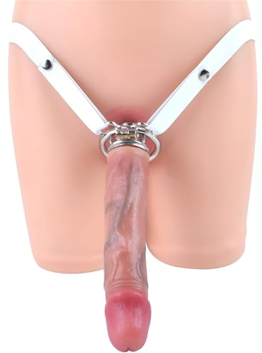 Tplkxurib Negativer Peniskäfig mit Realistischer Silikon Dildo,Bondage Chastity Cage Abschließbar Keuschheitskäfig mit Harnröhrenöffnung,Edelstahl Flacher Peniskäfig SM Sexspielzeug für Mann,Weiß,L