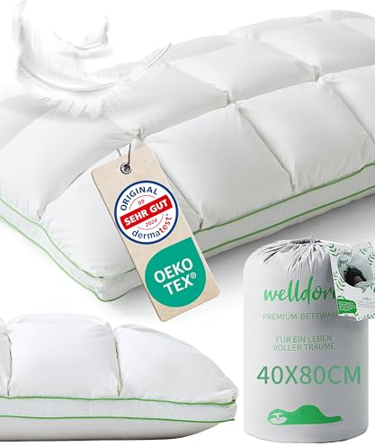 Welldora Premium Kopfkissen 40x80 | 100% Daunenfasern & Federn | Innovatives Puffwolken-Design für höchsten Komfort & Ergonomie | Mittelfestes Kissen fachärztl. geprüft, Oeko-Tex zert. in der Schweiz