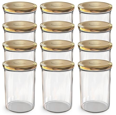 Oputec 12 x 440 ml Einmachgläser mit TO 82 Schraubdeckel Gold – Perfekt für Marmeladen, Konfitüren und mehr, große Gläser mit Deckel, ideal als Marmeladengläser und Schraubgläser