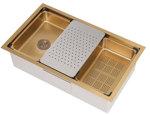 Lavello da incasso in acciaio inox, con cestello di scarico, lavabo interno, scarico, 1 lavandino da incasso, 76 x 45,8 x 22 cm (oro)