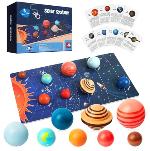 Solar System Toys Age 3+ for Kids 4-8, Wooden Planet Puzzle Board with 3D Models, Space Flash Cards, STEM Preschool Learning Kit, Birthday/Christmas Gift for Toddlers & Kindergarten