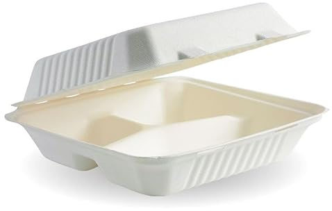 We Can Source It Ltd – Bagasse 3 Compartment Food Lunch Boxes 9x9 Inch with Hinged Lid – Microwave & Freezer Safe Containers for Takeaway, Meal Prep & Parties – Leak Resistant Design - Pack of 100
