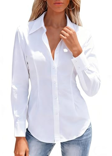 Button Down Shirts for Women Dress Shirt Long Sleeve Wrinkle Free Collared Blouse Work Business Office Solid Corset Tops - White L