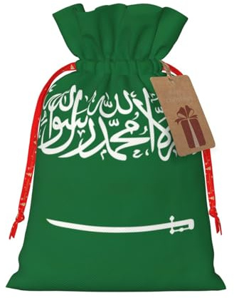 HJLUUFT Jutebeutel mit Flagge von Saudi-Arabien, Weihnachtsgeschenktüte mit Kordelzug und Geschenkanhänger, Hochzeit, Weihnachten, Partygeschenk