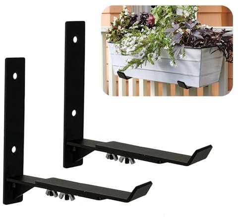 Thrivinest Fensterkastenhalterungen, verstellbare Pflanzkastenhalterungen (20 bis 24,4 cm), robuste Metall-Blumenkasten-Wandbefestigungshaken für Geländer, Garten, Balkon, Zäune, Schwarz (2 Stück)
