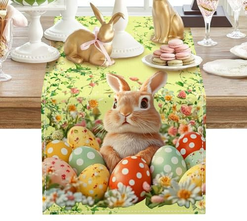 panemy Ostern Tischläufer, Frühling Modern Osterdeko, Tischdeko Ostern Dekoration, Oster Hase Osterei Blumen Tischläufer Tischwäsche Table Runner für Drinnen & Draußen Party Küche Esstisch 33x183cm