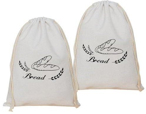 2-Pack Reusable Linen Bread Bags with Plastic Lining - Keeps Homemade Bread Fresh (42cm x 32cm)