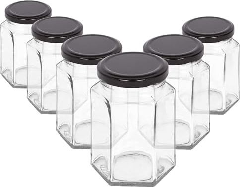 Argon Tableware 250ml Hexagonal Pots de Confiture en Verre avec Couvercles Noirs - 6X Vide Couvercle à Pas de Vis Cuisine Nourriture Miel Pimenter Chutney Conservation Mise en Conserve Stockage Pot