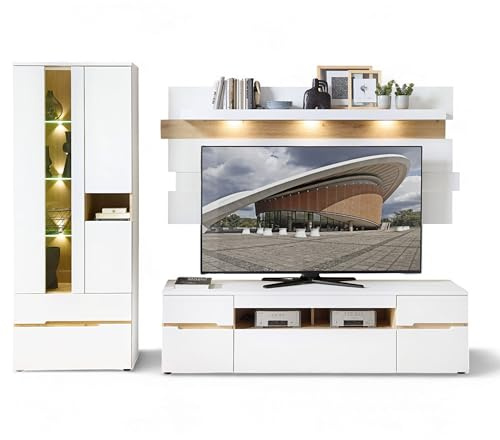Memphis Wohnwand mit LED-Beleuchtung Weiß Artisan Eiche Optik | 287 x 197 x 47 cm (B/H/T), modernes Komplett-Set für das Wohnzimmer mit viel Stauraum und Glastür