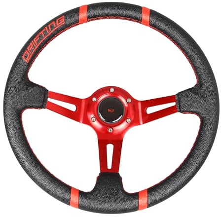 350mm/13.8'' Racing Drifting Steering Wheel, Red Leather, Red Spokes | Deep Dish, Embroidery, Aluminum, Gaming Simulator, Horn Button
