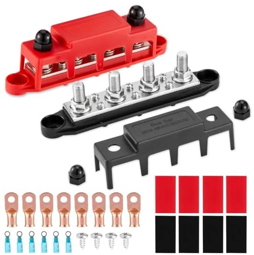 250A Bus Bar 12V Power Distribution Block with Cover，4 * M8(5/16) Posts Junction Block Automotive Copper Battery Busbar Terminal Block (M8 Lugs)