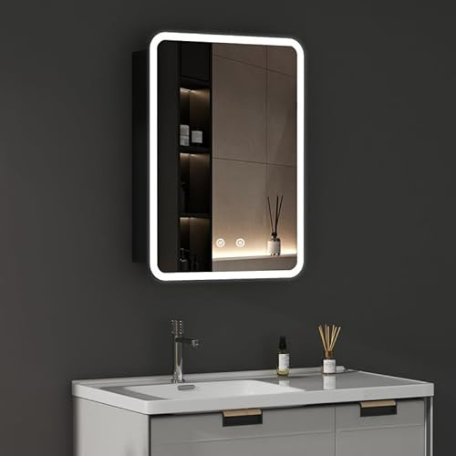 WDWRITTI LED Spiegelschrank mit Beleuchtung 40x60x12,5cm Badezimmerschrank, Runder Ecken Bad Metall Badschrank Medizinschrank Spiegel Kabinett mit 3-Farben Dimmbar, Touch, Beschlagfrei
