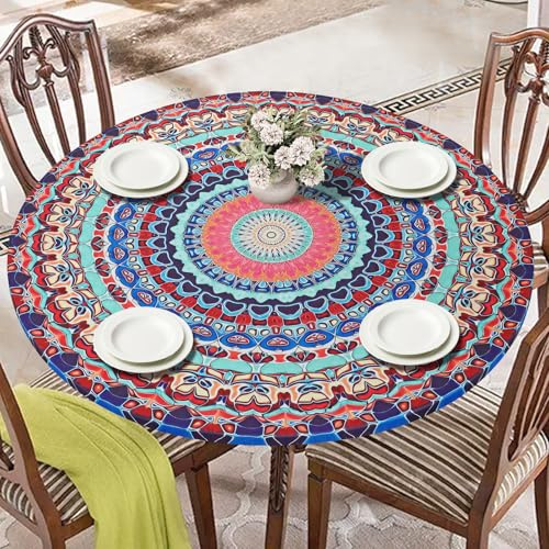 ASTNIC Elastische Tischdecke Rund 152cm Outdoor Gartentischdecke Wetterfest | Tischtuch Abwischbare Wasserdicht Dauerhaft Kratzfest Tischdecken für Esszimmer Küche Picknick Party (Für Tisch 110cm-150cm)