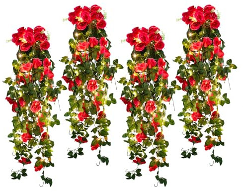 Lot de 4 plantes artificielles suspendues, fausses fleurs, lierre artificiel avec guirlande lumineuse LED, plastique, résistant aux UV, pour maison, fenêtre, jardin, bureau, terrasse (rose rouge)