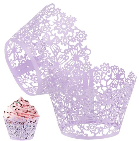 M METERXITY 50erPcs Cupcake-Hülsen Perlmutt-Künstlerpapier Hellviolett | Blumen-Spitzen-Ausstech-Cupcake-Förmchen, Für Hochzeit/Geburtstagsfeier-Dekoration, Backpapier