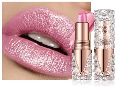 Pink Glitter Lipstick for Women, Diamond Shimmer Long Wear Tinted Lip Balm | Metallic Shiny Lip Stick with Creamy Smooth Texture, Lightweight Not Sticky Formula, Sparkly Lip Gloss Color Makeup for Daily
