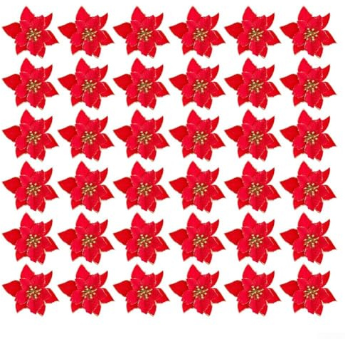 UrbanHui 36 Stück künstliche Weihnachtssterne, 13 cm, rot, glitzernd, beflockte Blüten für Baumschmuck, Ferienhaus, Party-Dekoration (goldener Rand)
