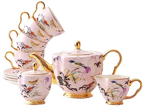 Élégant service à thé rose en porcelaine anglaise 11 pièces – Tasses à café, sucrier, pichet à crème et soucoupes – Parfait pour le thé de l'après-midi et le divertissement