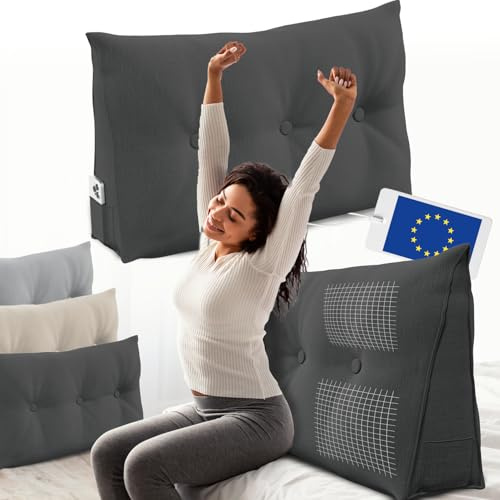 ELONEO Rückenkissen 100 cm breit, Keilkissen für Bett und Sofa geeignet, dreieckiges Lesekissen, Kissen mit abnehmbarem und waschbarem Bezug, mit praktischem Seitenfach