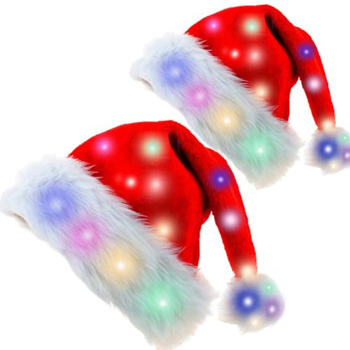 PLLYPE Farbe LED Lichter Weihnachtsmütze, 2 Stück Nikolausmütze mit leuchtendem, LED Leuchtende Weihnachtsmütze, für Neujahr Festliche Weihnachtsfeier
