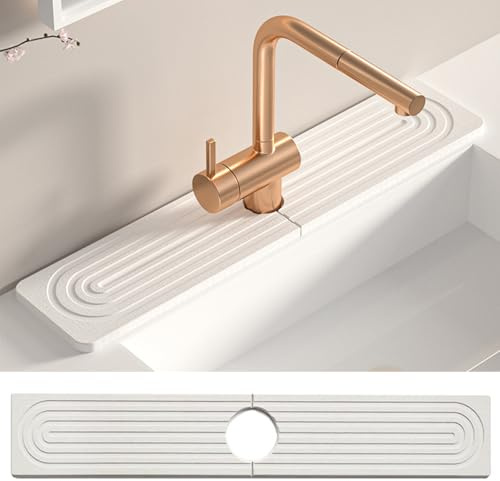 23.6 x 3.9 Stone Faucet Mat for Kitchen Sink - Diatomite Splash Guard & Absorbent Drying Mat, Prevents Water Spills and Moisture, Sink Protector Tray for Countertops Bathroom (White)