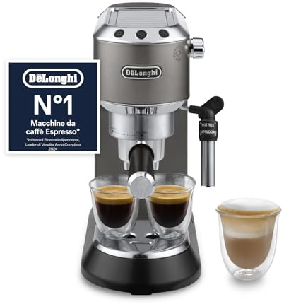 De’Longhi Dedica Style– Perfetto Cafetera Espresso Manual Compacta, Espumador de Leche Manual para Espresso y Cappuccino, Compatible con Monodosis ESE, Panel con Botones, Ancho 15cm, Titanio(EC685.TB)