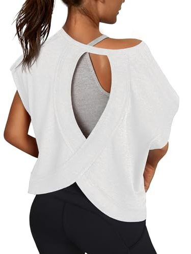 3rd hill Women Open Back Workout Shirts Short Sleeve Tops Casual Yoga Y2k Athletic Gym Running Crop Tees White M