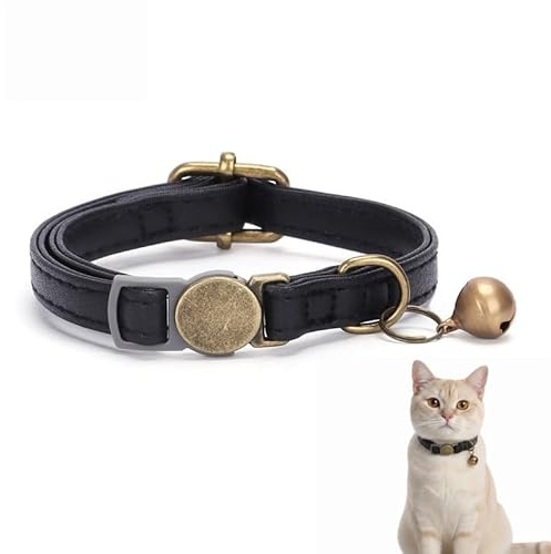 Schwarzes Leder-Katzenhalsband mit Glocke und austauschbaren Anhängern, Sicherheits-Halsband, leicht, verstellbar, für Katzen, Kätzchen und kleine Hunde (15–35 cm)