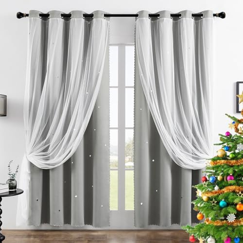 GAIFNAG Tende per Bambini 90 x 100 cm Decorazione a Stelle Scavate Tende a Rete Termoisolate con Occhielli Cameretta Bambini per Soggiorno e Camera da Letto, Grigio
