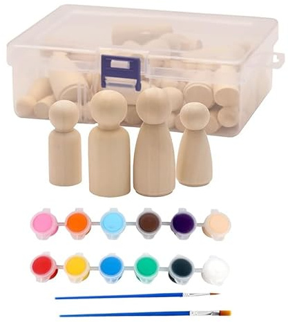 50 Wooden Peg Dolls for Crafts & Painting, Unfinished Waldorf Peg People Set with Storage Box for DIY Art Projects