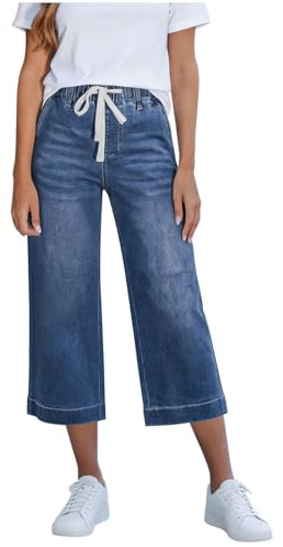 Vaqueros Mujer Anchos Verano Comodos Pantalones Rectos con Cordón Elasticos Frescos Fino Moda Jeans Tallas Grandes Frescos Palazzo Casual Elegantes Pantalón Deporte Trekking