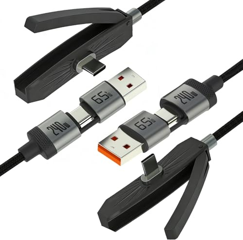 Synclum Pack de 2 Cables USB C 3 en 1 con Soporte Invisible 2M | 240W+65W, Conector lateral 90°, Soporte ajustable, Nylon trenzado, Compatible con carga rápida y transferencia de datos