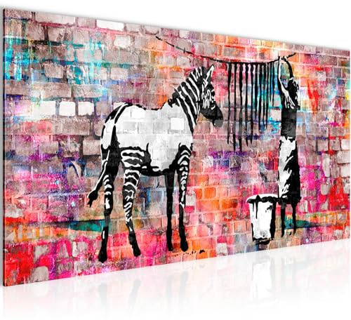 Runa Art Wandbild Banksy Washing Zebra 1 Teilig 100 x 40 cm Modern Bild auf Vlies Leinwand Street Art Loft Wohnzimmer Bunt 012912c
