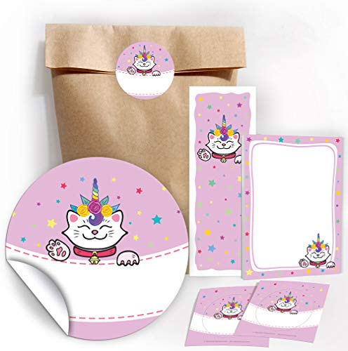 JuNa-Experten 12 Geschenktüten/Natur + 12 Aufkleber + 12 Lesezeichen + 12 Mini-Notizblöcke Einhorn-Katze/Mitgebsel Gastgeschenk für Kinder Mädchen Kindergeburtstag Geburtstag Party-Zubehör Giveaways