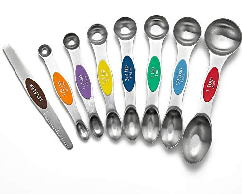 WEZVIX Magnetiska mätskedar set rostfritt stål dubbelsidig sked stapelbar design med en utjämnare för mätning av torra och flytande ingredienser set med 8