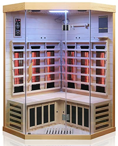 Dewello® Infrarotkabine Infrarotsauna Brandon 120cm x 120cm Dual-Therm für 1-2 Personen aus Hemlock Holz mit Vollspektrumstrahler, Bodenstrahler, LED-Farblicht, Bluetooth, FM,MP3,USB