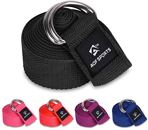 AQF Correa de Yoga para Estiramientos Cinturón Fitness Puro Algodón Hebilla | Cinta 4 cm Ancho, Doble Anilla D Metal, Medidas 1.8 M, 2.4 M Y 3 M, Ideal Pilates, Flexibilidad, Alineación Corporal