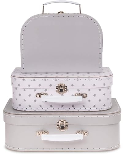 Jewelkeeper 3er-Set Kinderkoffer Hutschachtel - Stapelbare Pappkoffer für Geschenke, Dekoration, Aufbewahrung, Spielzeug, Fotos und Nähzubehör - Design mit grauen Sternen