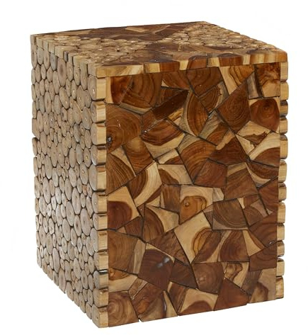 Deco 79 Teak Wood Handmade Side End Accent Table End Table with Mosaic Wood Chip Design, Side Table 14 x 14 x 18, Brown