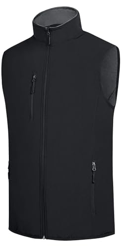 Men's Softshell Vest Fleece-Lined Windproof Sleeveless Jacket for Travel Hiking Fishing Running Golf (Black, L)