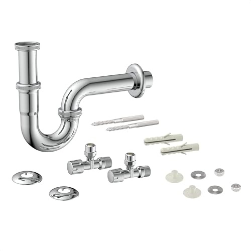 KIRCHHOFF Siphon, Waschbecken Abfluss inkl. Eckventil ½ Zoll Befestigung, Ablaufgarnitur für Waschtisch, Röhrensiphon, Abflussrohr Komplett Set, 98800104