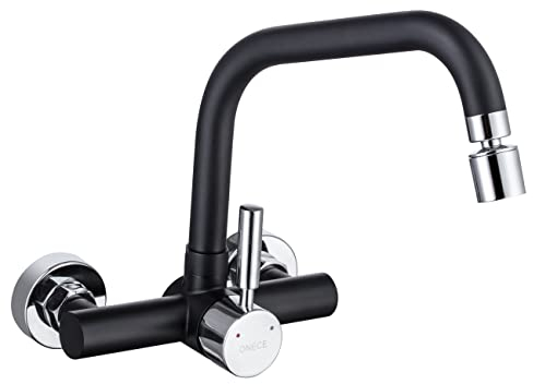 ONECE Wandmontage Küchenarmatur mit 2 Strahlarten, Wasserhahn Küche Wandarmatur mit drehbar Auslauf, Einhebelmischer Wand Armatur Mischbatterie, Schwarz