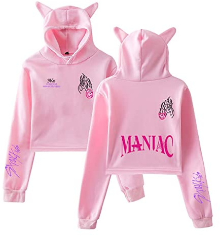Flyself Damer flickor Kpop MANIAC Cropped huvtröja sweatshirt långärmad kort huvtröja crop top streetwear tröja huvjacka, Rosa A, S