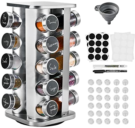 Miorkly Square Spice Rack Organiser with 20 Glass Jars, Strong Free-Standing Carousel Spice Storage Rotates 360°