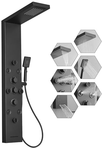 BWE Rainfall Shower Panel Waterfall with Handheld Shower Matte Black 6 IN 1 Stainless Steel Shower Tower Panel System Massage Body Jets with Tub Spout Water Wall Mount