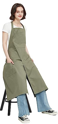 Jaspfct Pottery Apron Split Leg,100% Cotton Artist Apron 3 Pockets for Women Men,Ceramics Clay MD028-Green,M